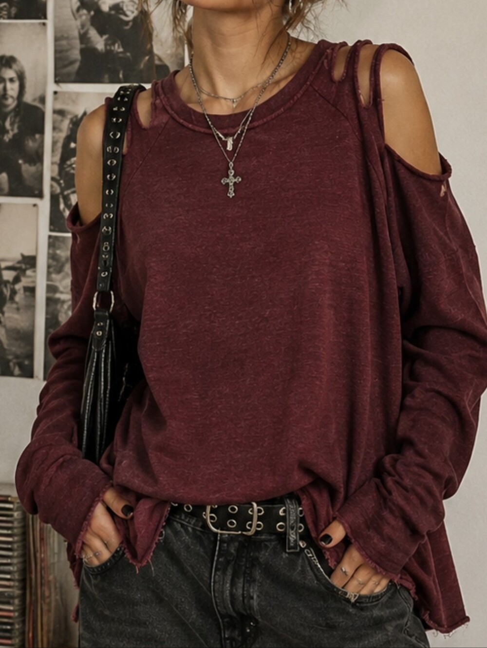 Elan- Burgundy Distressed Cold Shoulder Cutout Sweatshirt Top